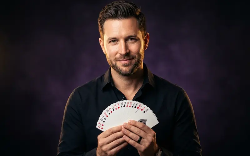 Portrait of a CardCraft Academy instructor holding a deck of cards