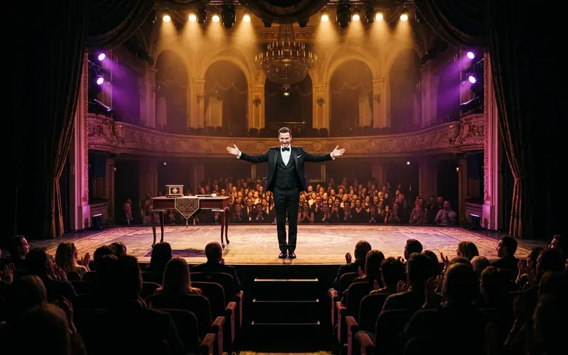 Magician taking a bow after a full stage illusion show in front of an audience