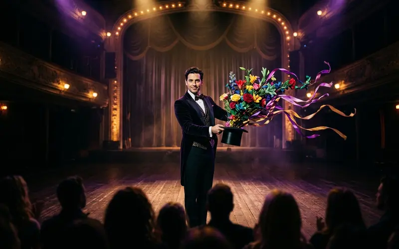 Magician performing a classic hat production trick with flowers and silks on stage