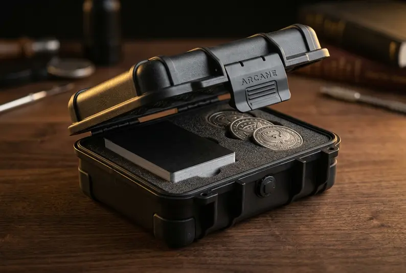 Hard storage case for playing cards and manipulation coins
